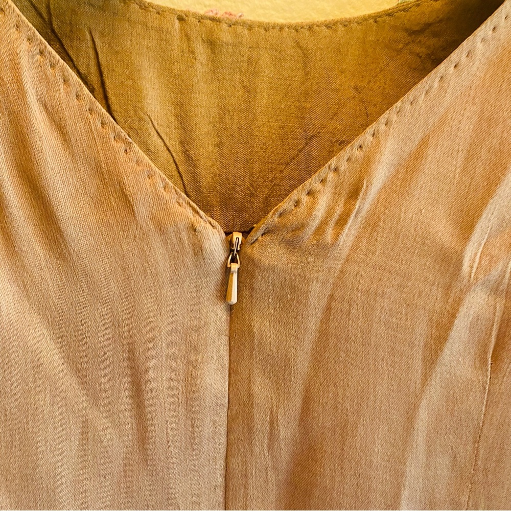 Anthropologie Conditions Tan Silk Blend Fit And Flare Embroidered Neckline Dress - Picture 12 of 12